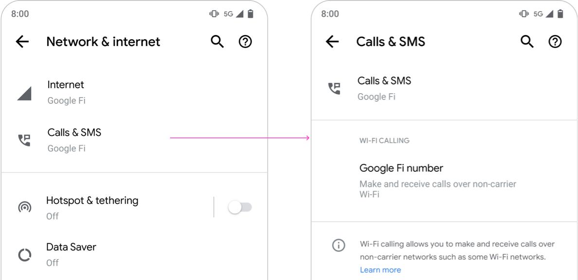 Calls & SMS section in Settings
