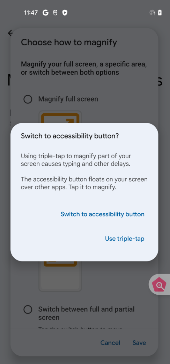 Notification to users that they have an accessibility option that they use instead of triple-tap to enable partial magnification