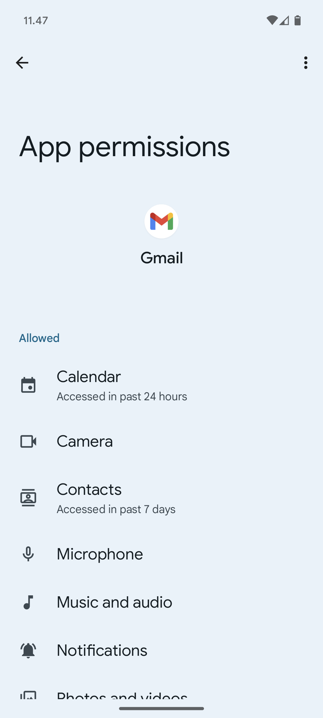 Autorizzazioni di un'applicazione installata: Gmail