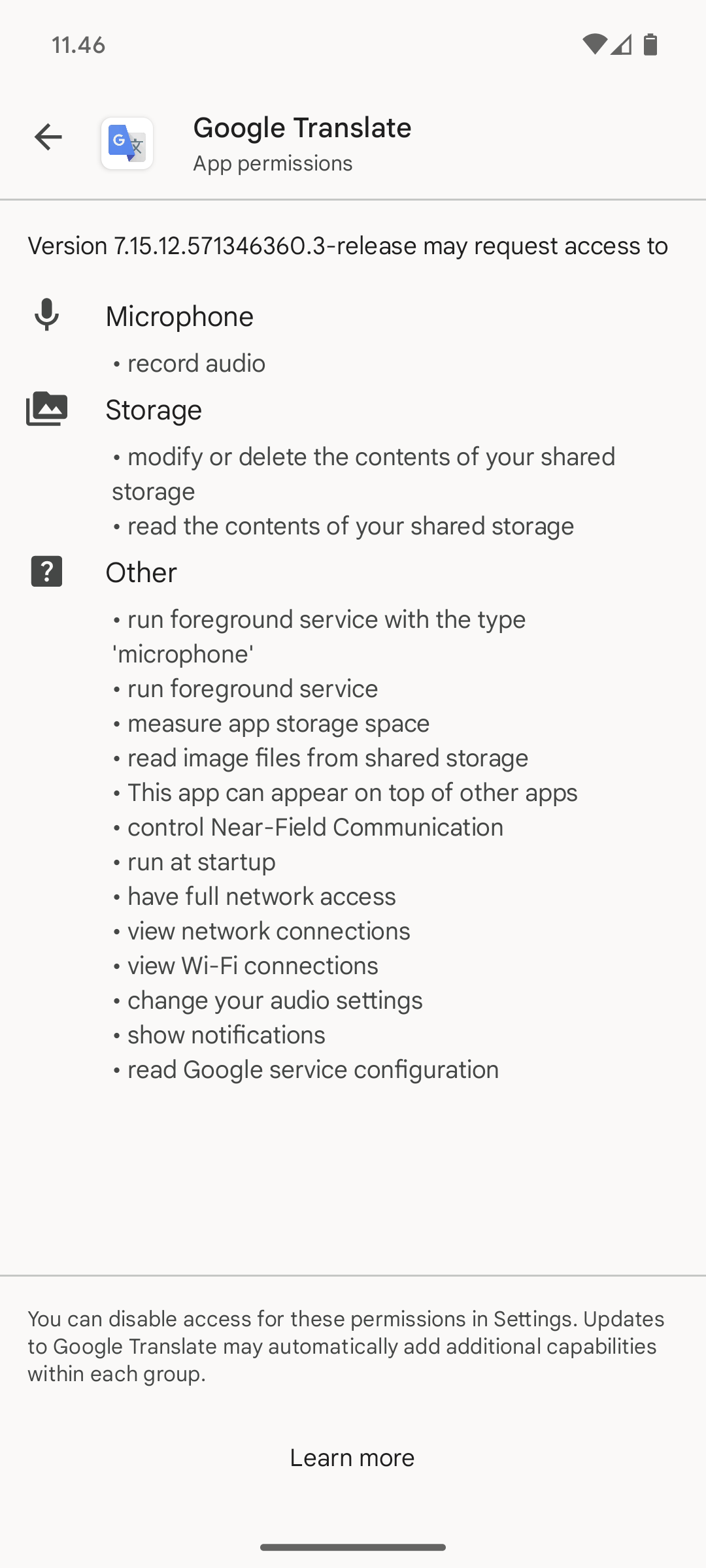Permisos en la instalación de la aplicación: Google Translate