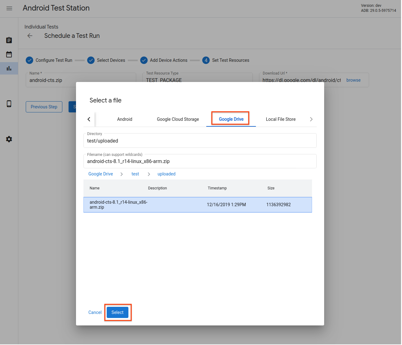 Selector de recursos de prueba - Google Drive