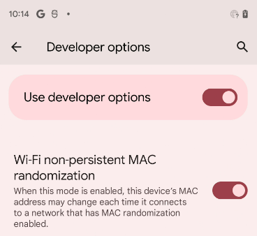 Opção de randomização MAC não persistente de Wi-Fi