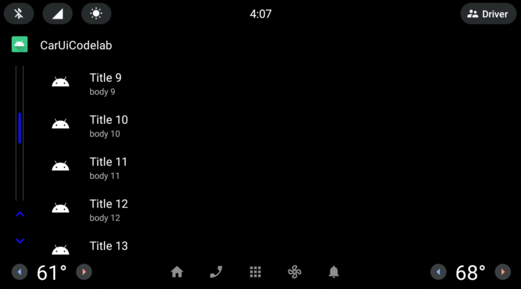 CarUiRecyclerView com uma barra de rolagem azul com trilhos cinza