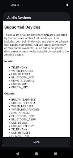 Pannello dei dispositivi audio supportato