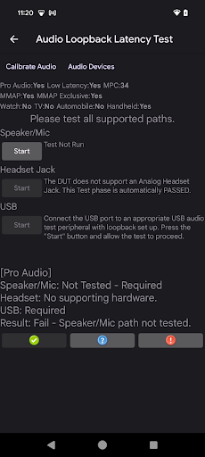 Audio loopback latency test panel