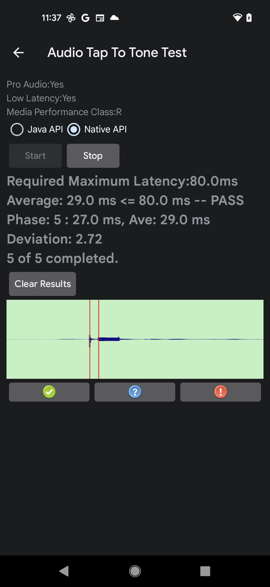 UI del test Tap Tone Test al termine del test