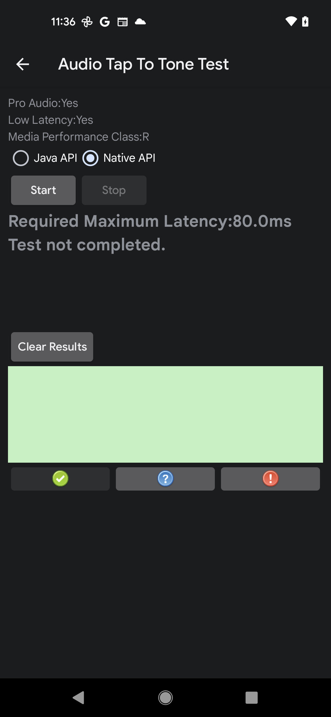 Test başlamadan önce Tap To Tone test kullanıcı arayüzü