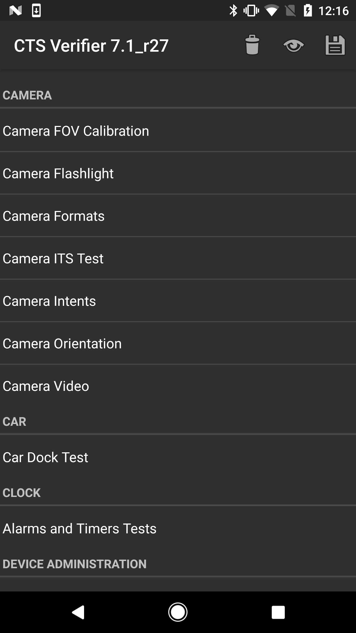 CTS Verifier-Menü mit Tests