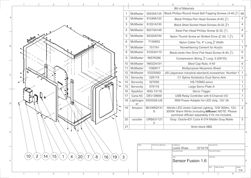 Dibujo CAD de los componentes de la caja de fusión de sensores
