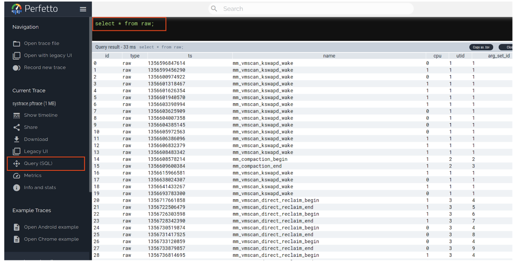 找到“Query SQL”标签页，然后点击查看已捕获并绘制成图表的 ftrace 和 mm_events