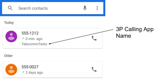 Wpis w historii połączeń z aplikacją do połączeń innej firmy