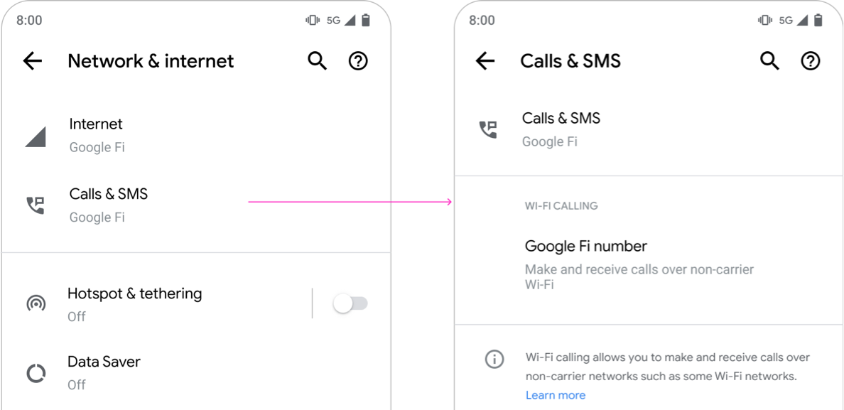 ส่วนการโทรและ SMS ในการตั้งค่า