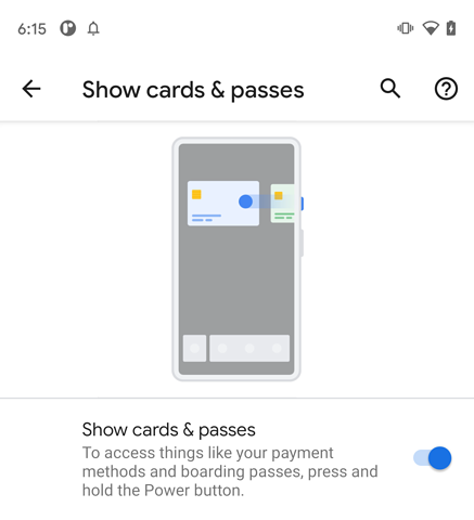 Page Paramètres pour activer ou désactiver la fonctionnalité Quick Access Wallet