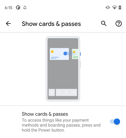 Página de configurações para ativar ou desativar o recurso de acesso rápido à Carteira
