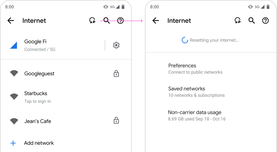 Botón Restablecer en Configuración para solucionar problemas de conectividad