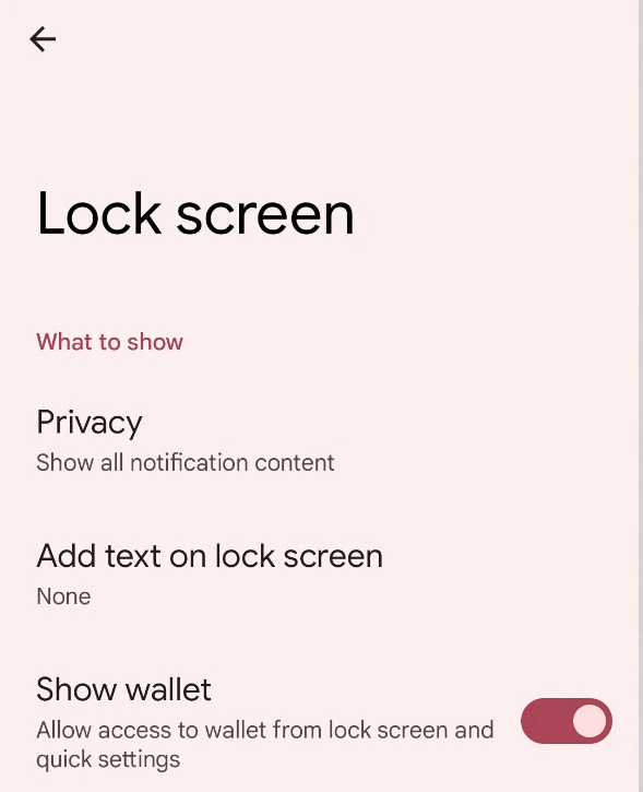 लॉक स्क्रीन से Wallet की सुविधा को चालू या बंद करने के लिए टॉगल करें