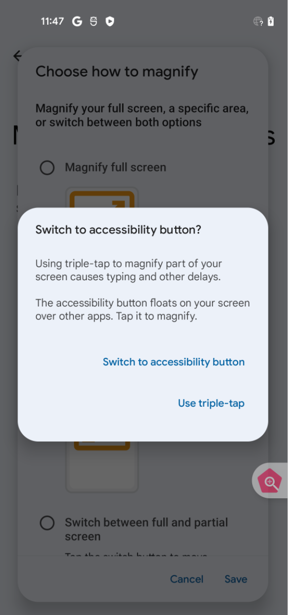 Notification indiquant aux utilisateurs qu&#39;ils utilisent une option d&#39;accessibilité au lieu de triple-taper pour activer le grossissement partiel