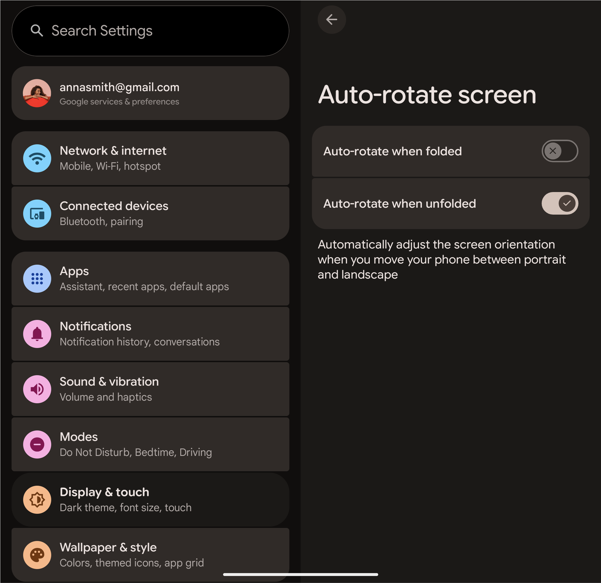 Seite mit Einstellungen für die automatische Drehung basierend auf dem Gerätestatus