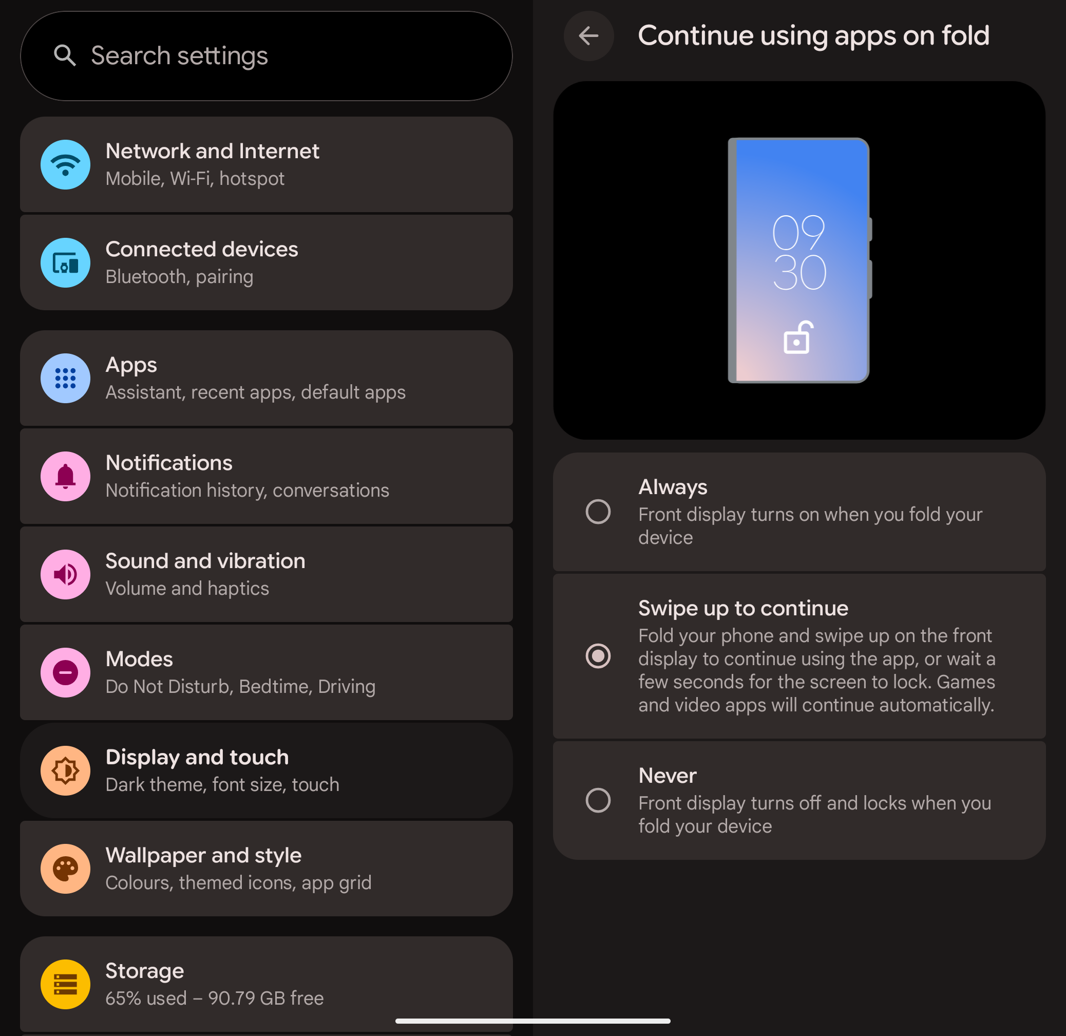 Página de configuración del comportamiento de bloqueo de pliegue
