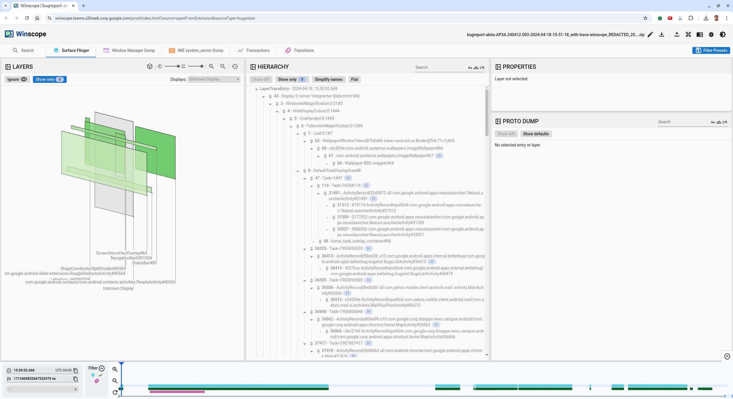 SurfaceFlinger ビューが表示された Winscope のランディング ページ