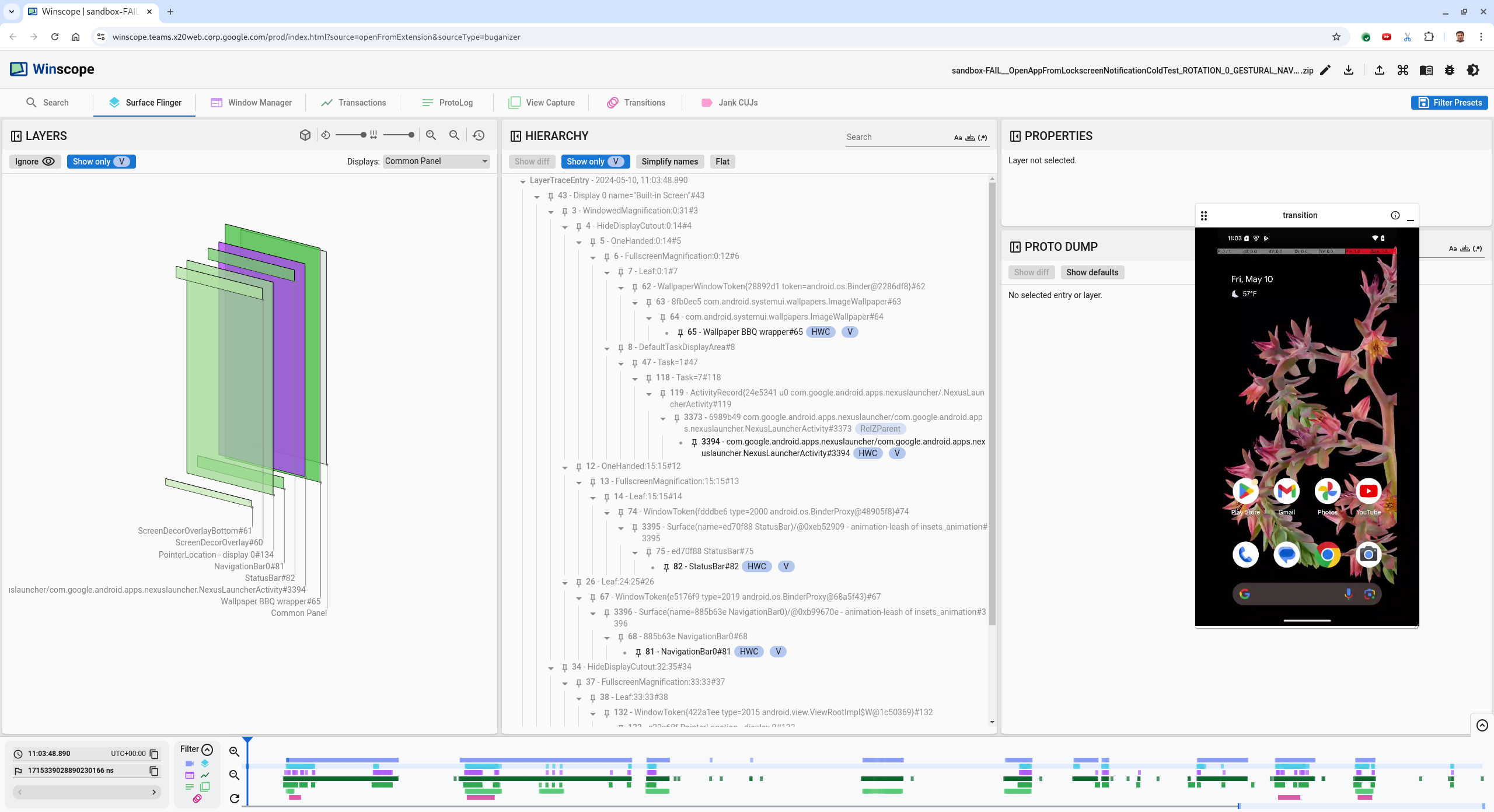 Page de destination Winscope avec vue SurfaceFlinger