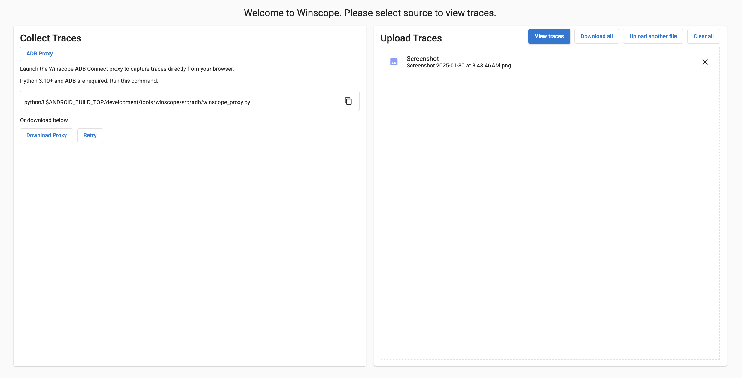 在 Winscope 中上傳追蹤記錄