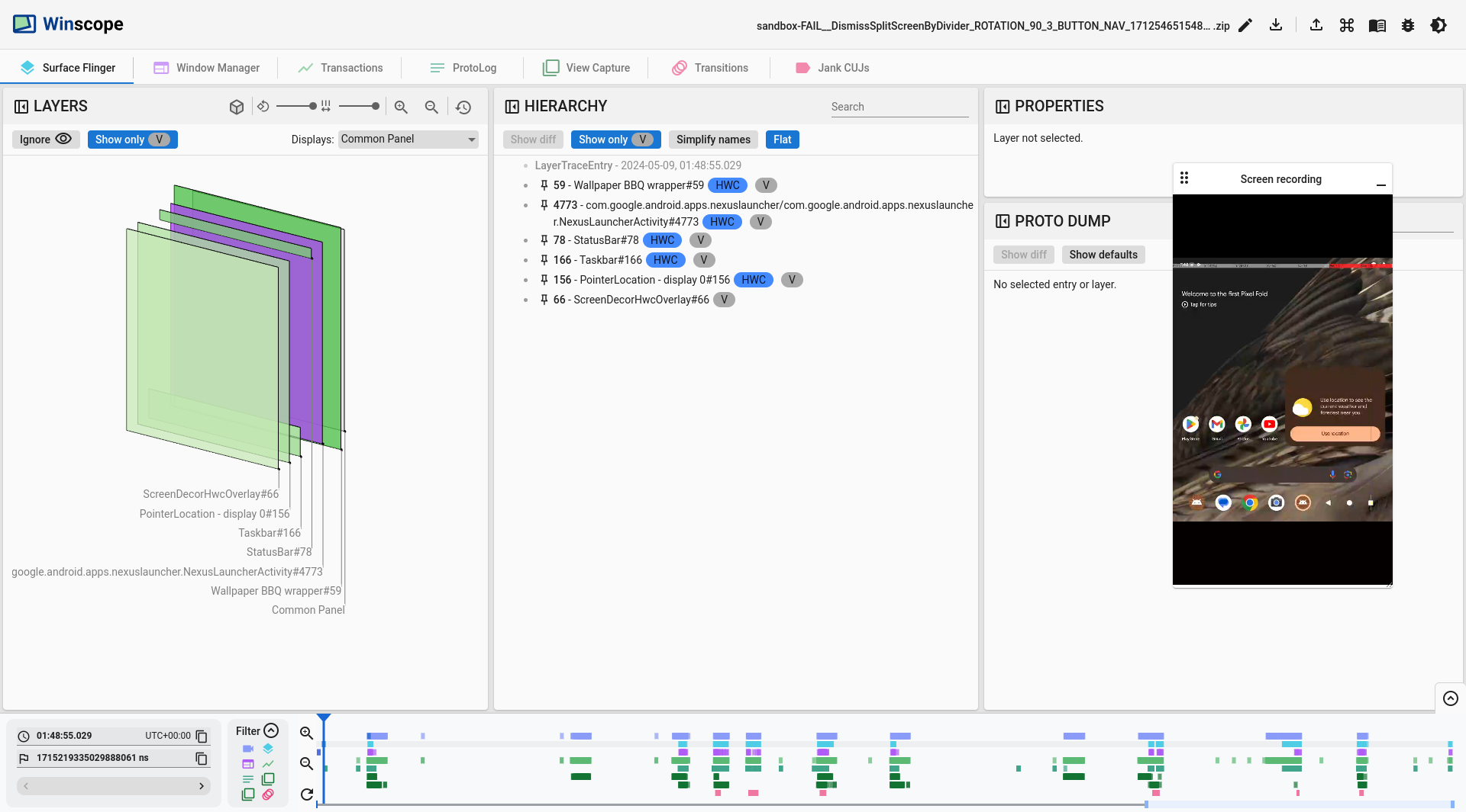 Wyświetlanie logów czasu w Winscope