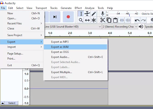 صادرات از Audacity