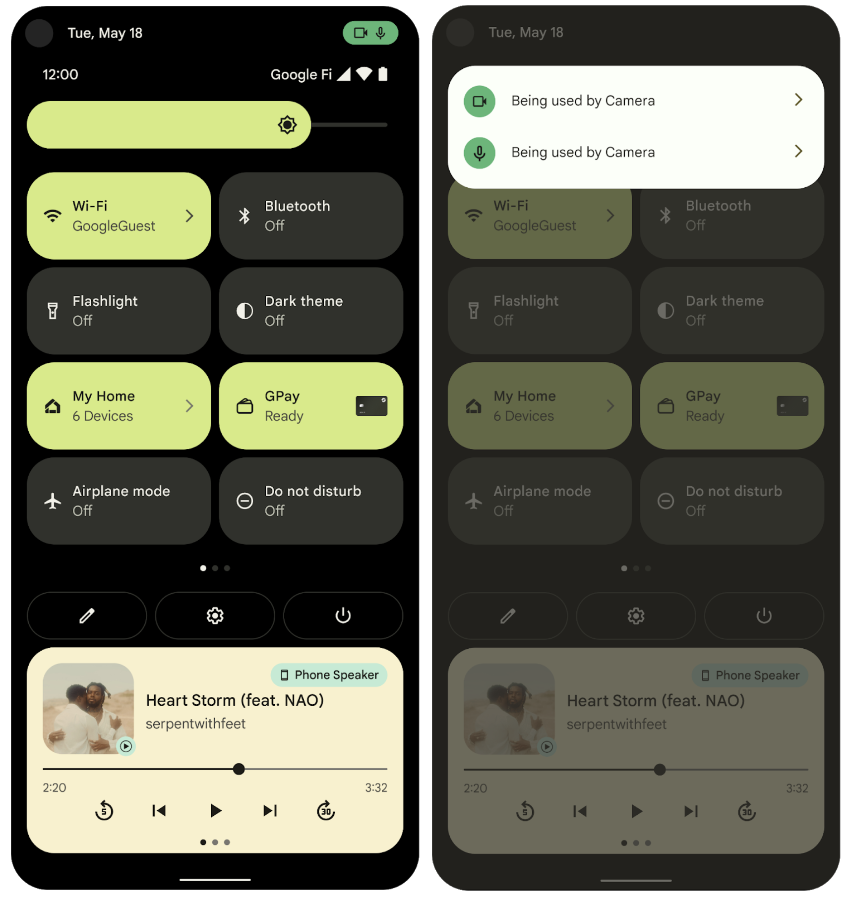 Indicateurs d&#39;accès actif et récent, et indication de l&#39;appareil utilisé (caméra ou micro)