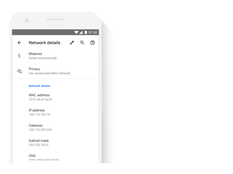 L&#39;écran indique si l&#39;ID de l&#39;appareil utilise une adresse MAC aléatoire à des fins de confidentialité