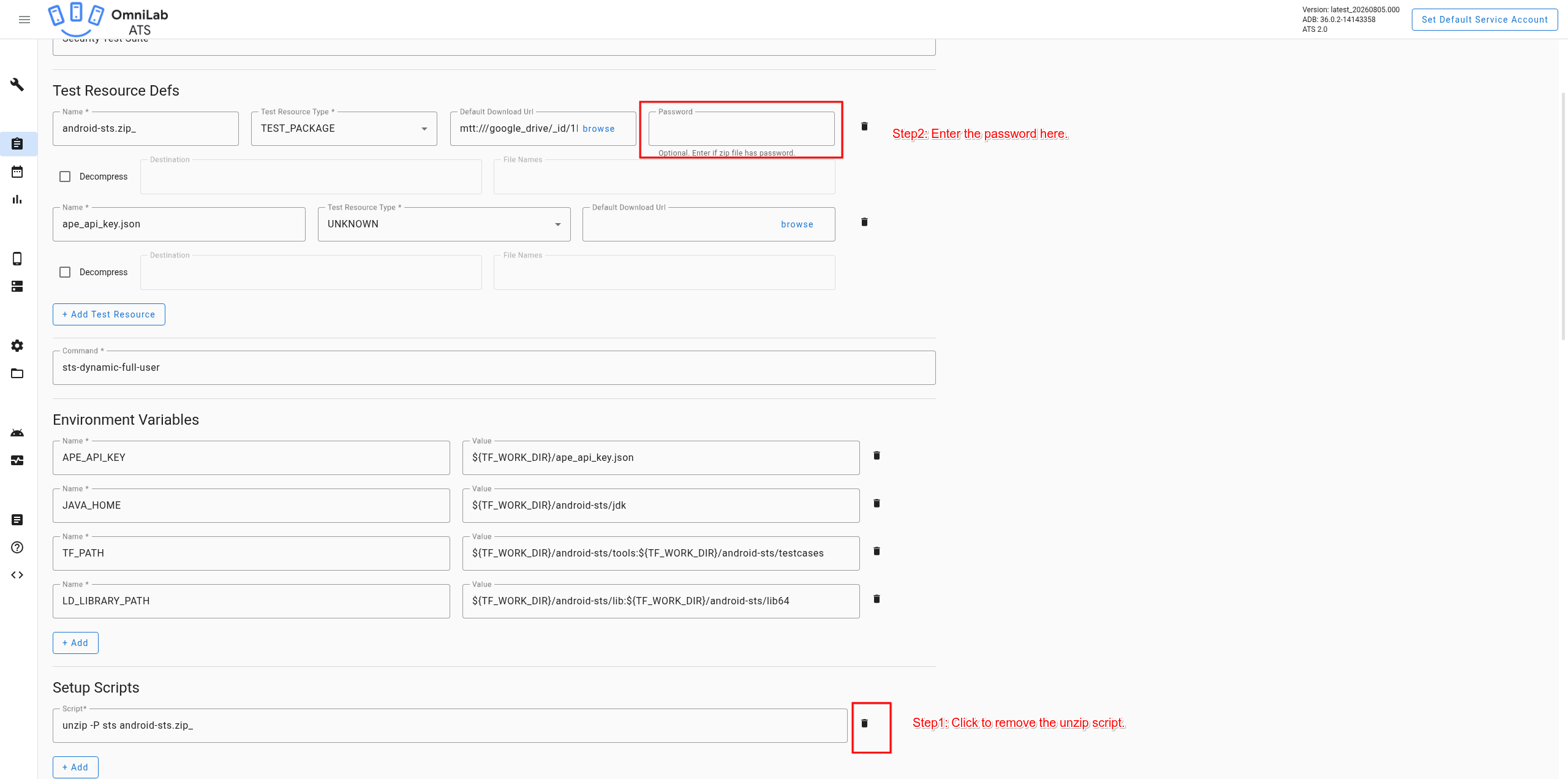 Adapting STS test configuration in ATS 2.0