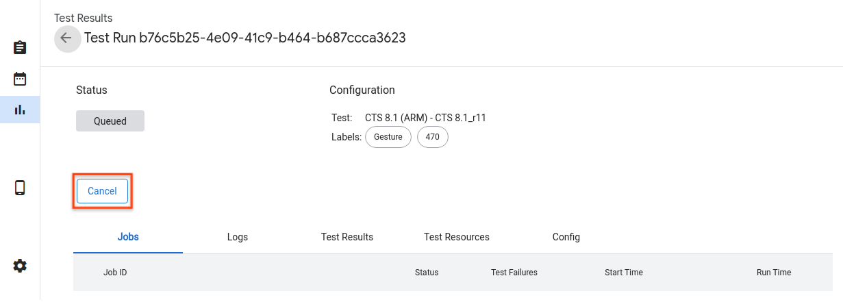 Annulla l'esecuzione del test