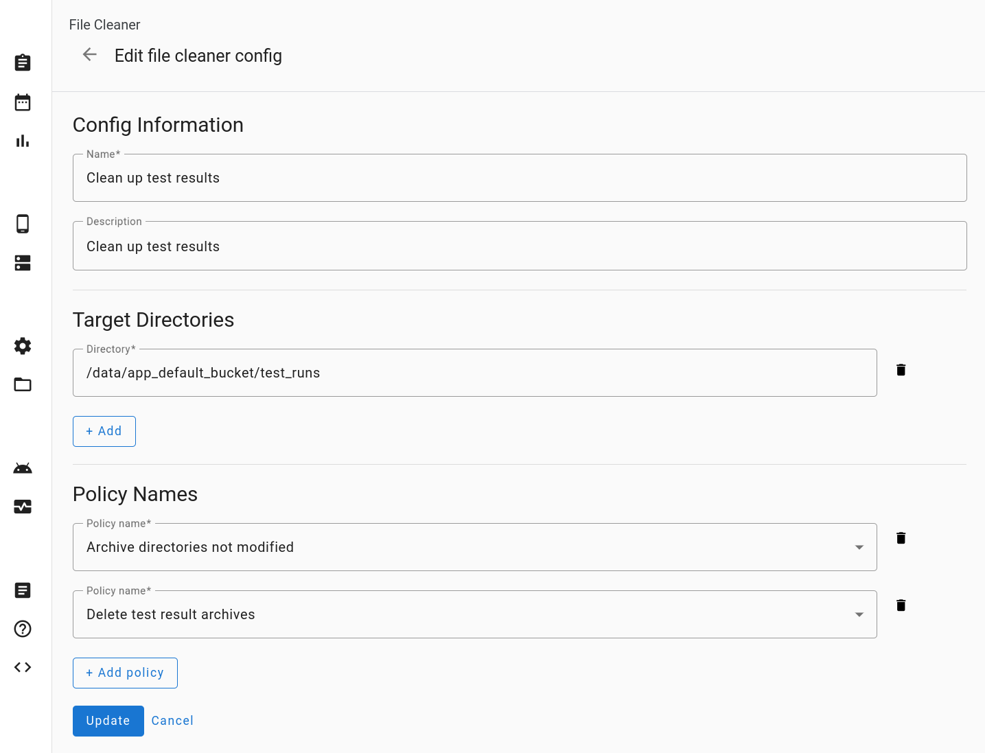 Modifica la configurazione del pulitore dei file