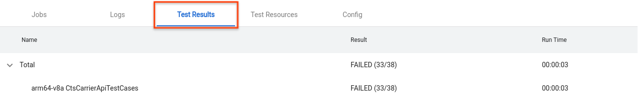 Pestaña Resultados de la prueba