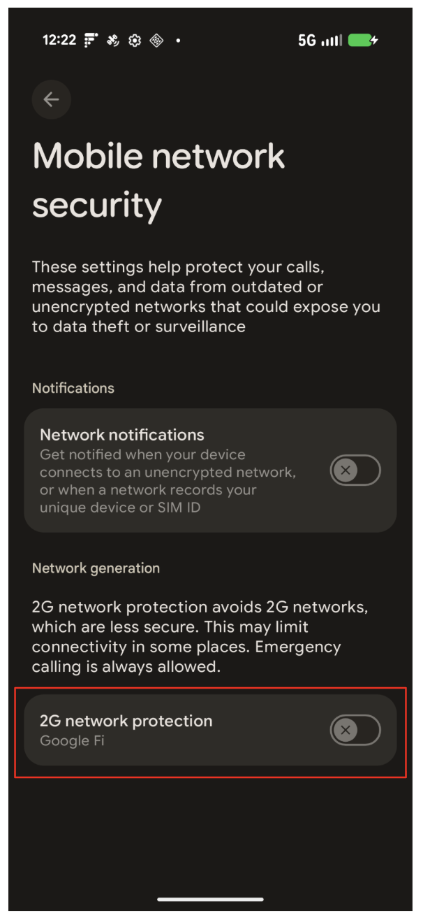 Attivazione/disattivazione del 2G nella sezione Sicurezza di rete mobile