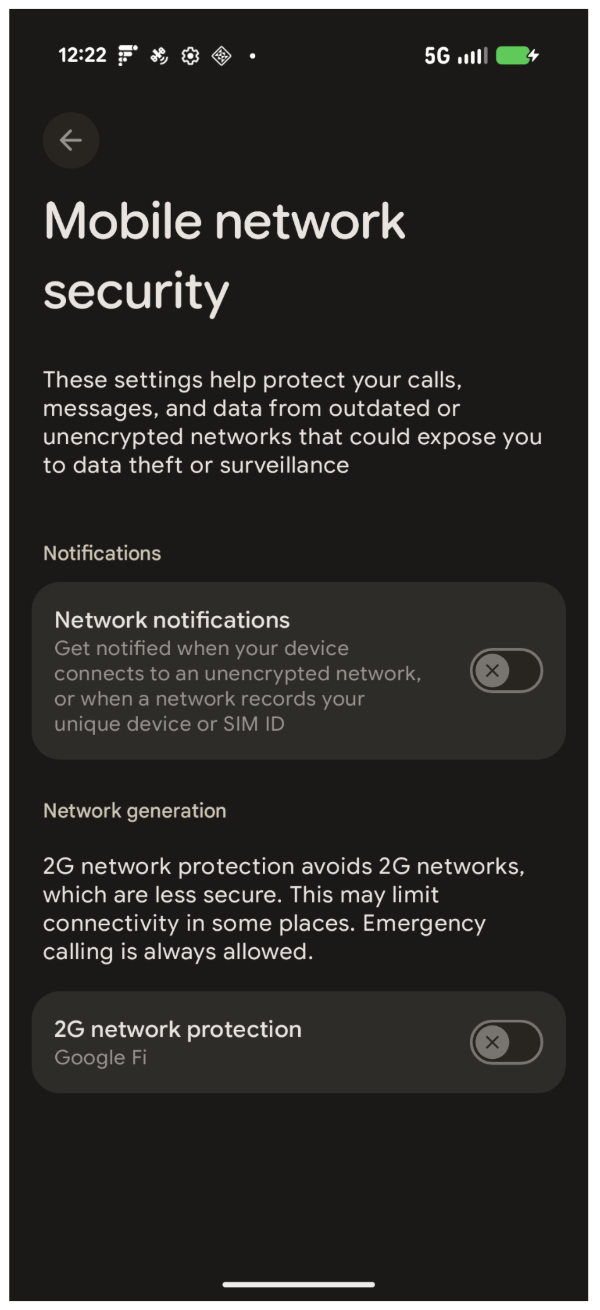 Sezione Sicurezza di rete mobile